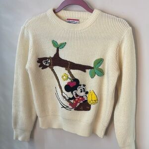 Vintage Disney Cream and Brown Crew Neck Sweater with Whimsical Cartoon Design